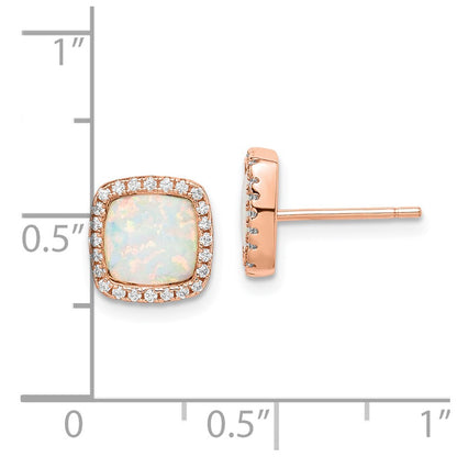 Sterling Silver Rose-Tone Created Opal & CZ Square Halo Post Earrings