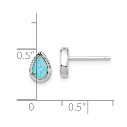 Sterling Silver RH-pltd Polished Blue Created Opal Teardrop Stud Earrings