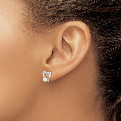 Sterling Silver Rhodium-plated 3-4mm White Round Freshwater Cultured Pearl Heart Post Earrings