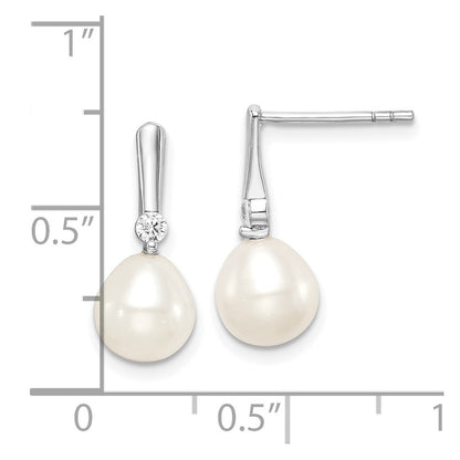 Sterling Silver Rhodium-plated 7-8mm White Rice Freshwater Cultured Pearl and CZ Post Dangle Earrings