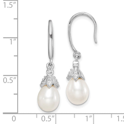 Sterling Silver Rhodium-plated 7-8mm White Teardrop Freshwater Cultured Pearl and CZ Dangle Earrings