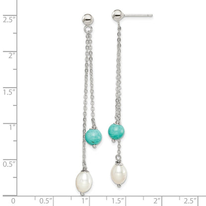 Sterling Silver Rhod-pltd Turquoise/FWC Pearl Chain Post Dangle Earrings