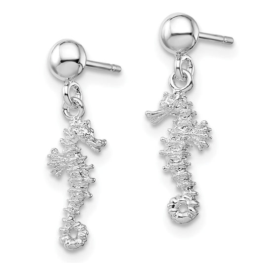 De-Ani Sterling Silver Rhodium-Plated 3D Mini Seahorse Dangle Post Earrings