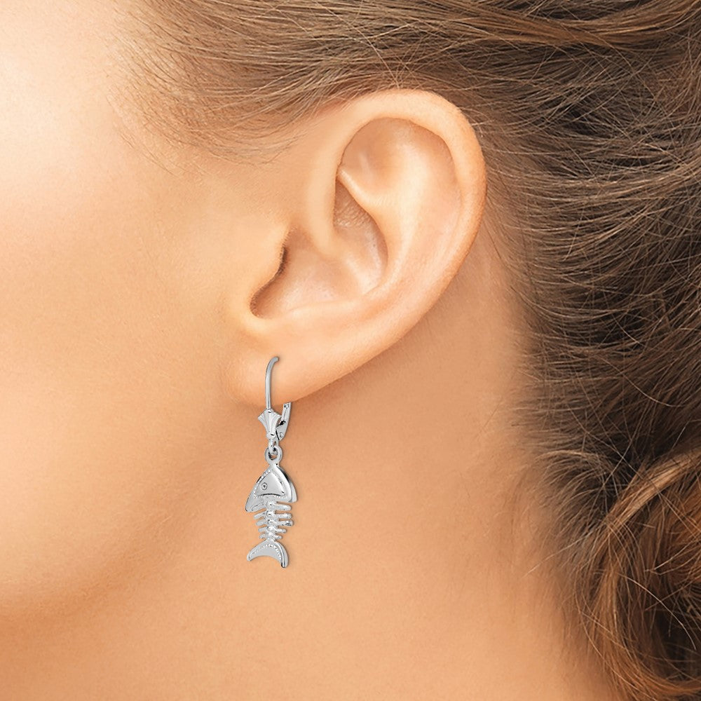 De-Ani Sterling Silver Rhodium-Plated Polished 3D Fishbone Leverback Earrings