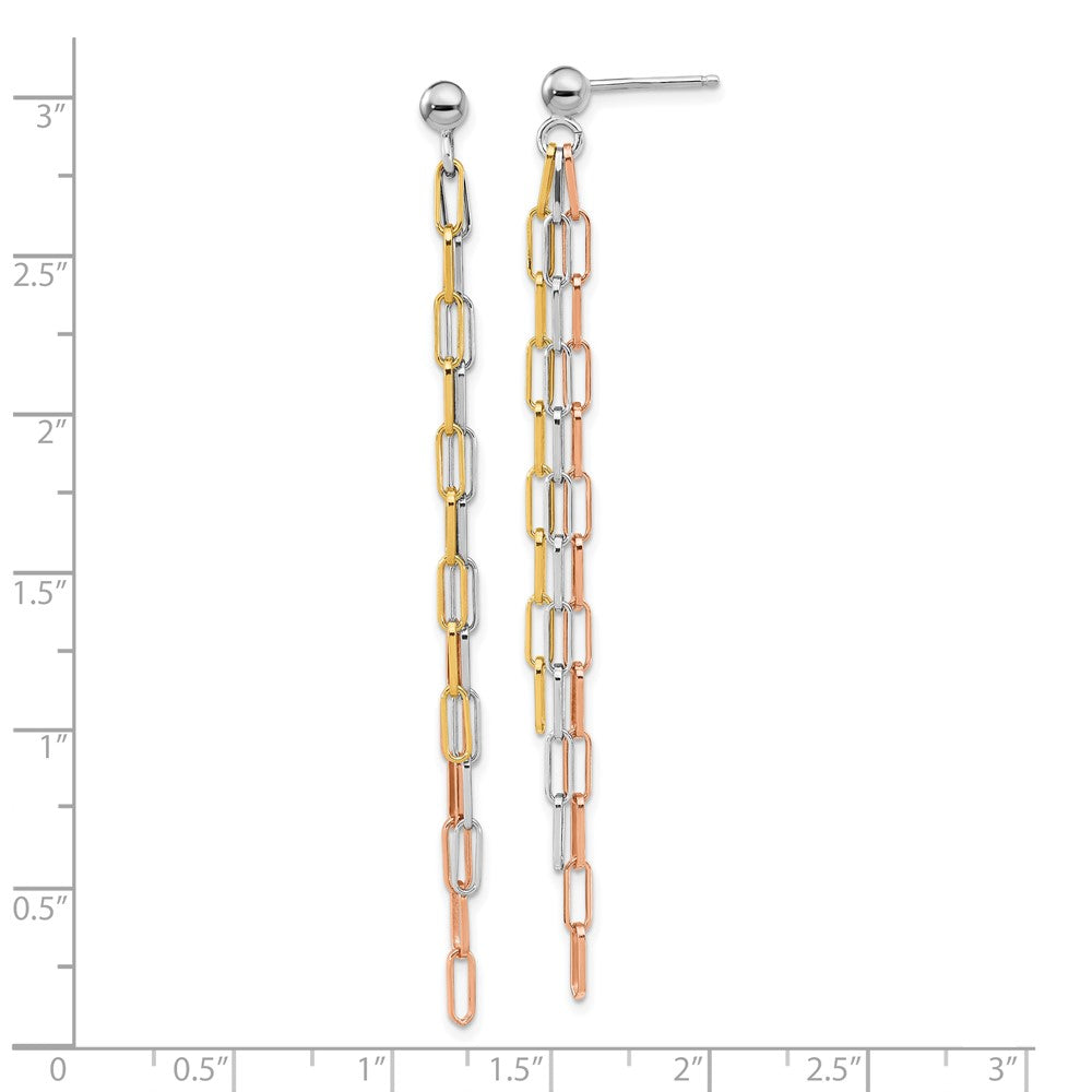 Sterling Silver RH-plate Rose & Yellow-tone Paperclip Link 3-strand Earring