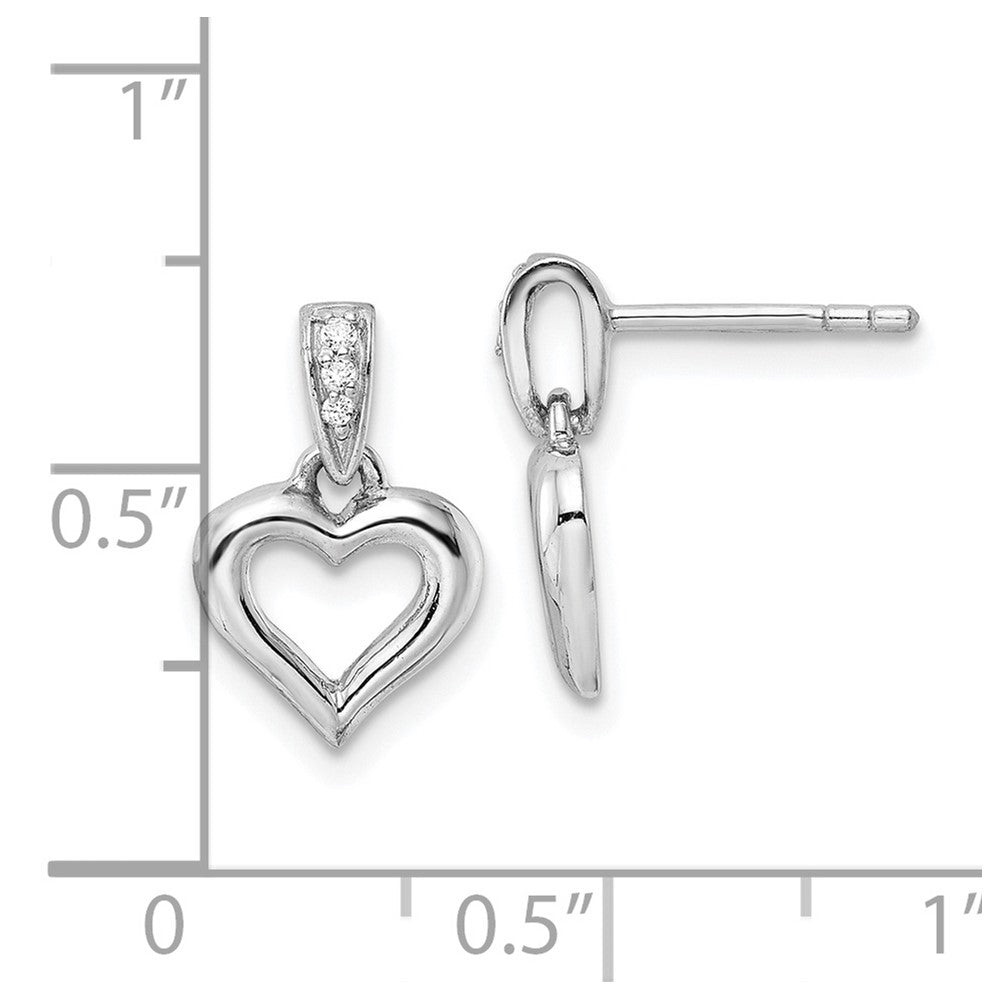 Sterling Silver RH Polished CZ Heart Post Dangle Earrings