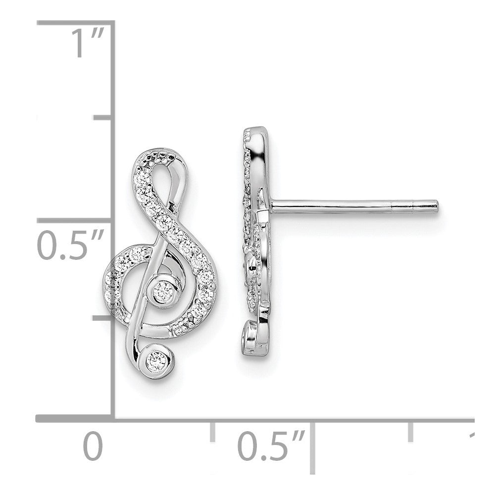 Sterling Silver Rhodium-plated CZ Treble Clef Post Earrings