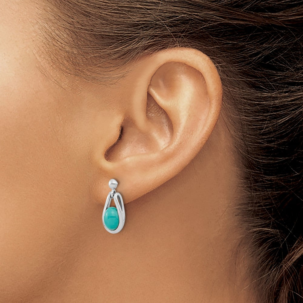 Sterling Silver RH-plated Oval Chinese Turquoise Dangle Post Earrings
