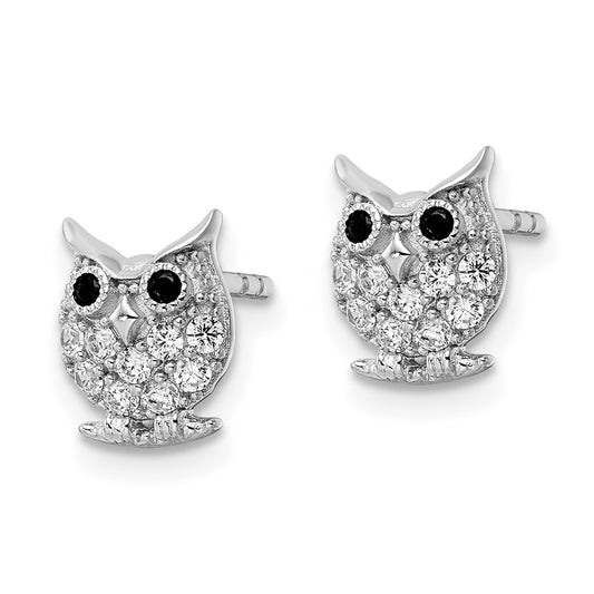 Sterling Silver Rhodium-plated Black & White CZ Owl Post Earrings