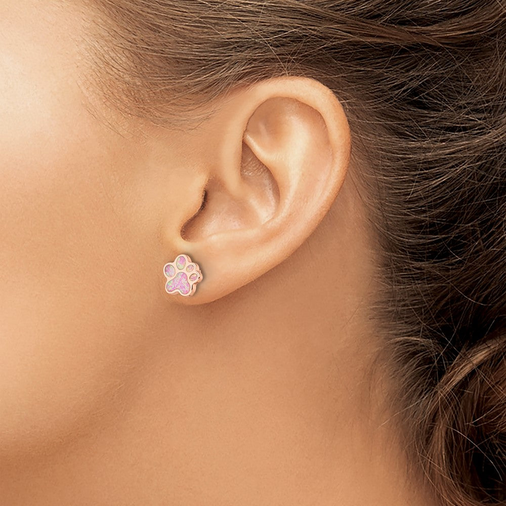 Sterling Silver Rose-plated Created Opal Inlay Pawprint Post Earrings
