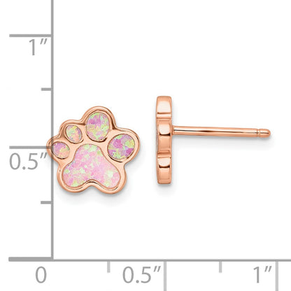 Sterling Silver Rose-plated Created Opal Inlay Pawprint Post Earrings