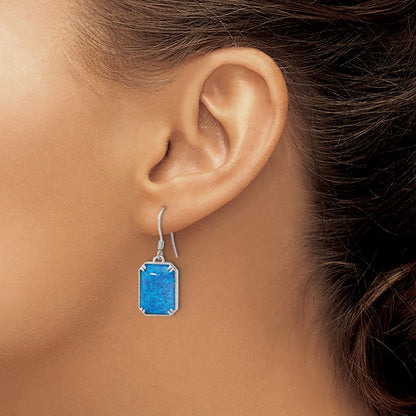 Sterling Silver RH-plated Blue Created Opal Beaded Border Earrings