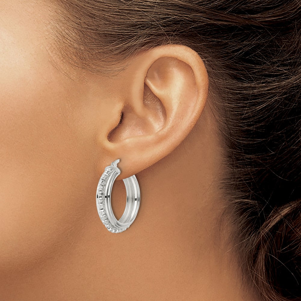 Sterling Silver Polished and DIamond-cut Beaded Hoop Earrings