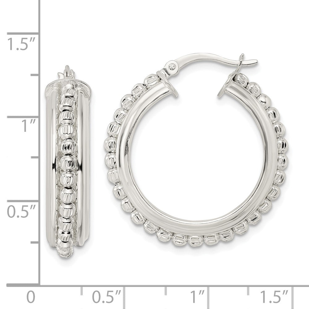 Sterling Silver Polished and DIamond-cut Beaded Hoop Earrings