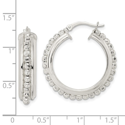 Sterling Silver Polished and DIamond-cut Beaded Hoop Earrings