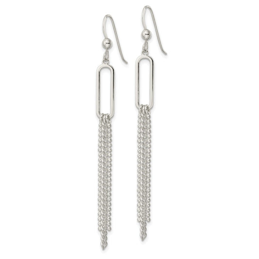 Sterling Silver Polished Oval and Multi-Strand Beaded Chain Dangle Earrings