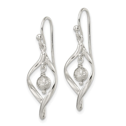 Sterling Silver Polished & Diamond-cut Twist w/Ball Center Dangle Earrings