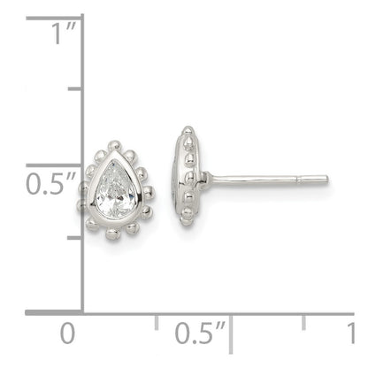 Sterling Silver Polished & Beaded Edge Pear CZ Post Earrings