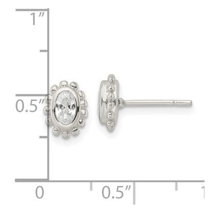 Sterling Silver Polished & Beaded Edge Oval CZ Post Earrings