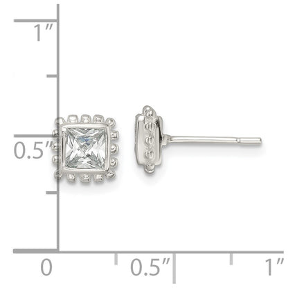 Sterling Silver Polished & Beaded Edge Square CZ Post Earrings