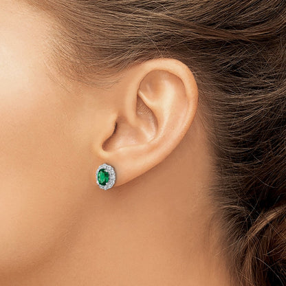 Sterling Silver Rhod-plated Polished Green & White CZ Oval Post Earrings