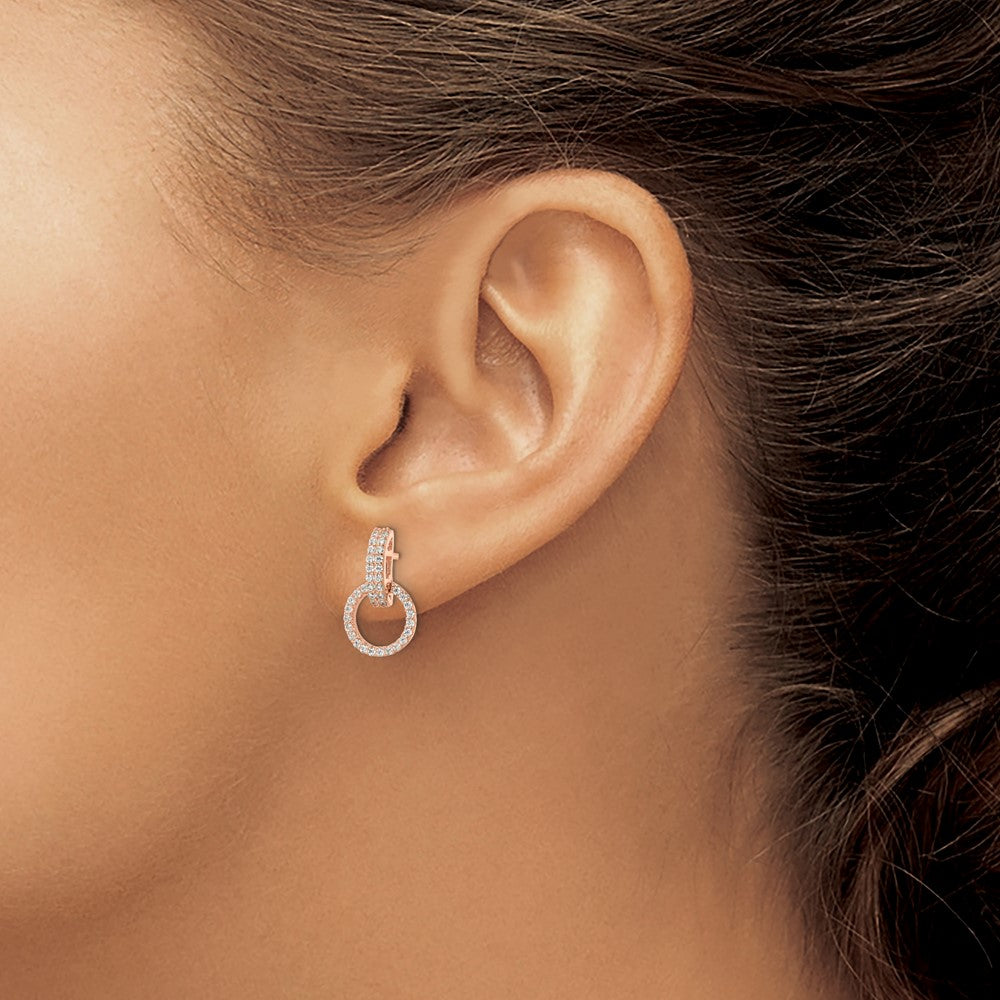 Sterling Silver Rose-tone Polished CZ Circle Post Dangle Earrings