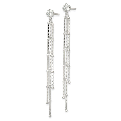 Sterling Silver Polished CZ & Beaded Chain Post Dangle Earrings