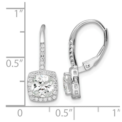 Sterling Silver RH-plated Polished Princess Cut CZ Halo Leverback Earrings