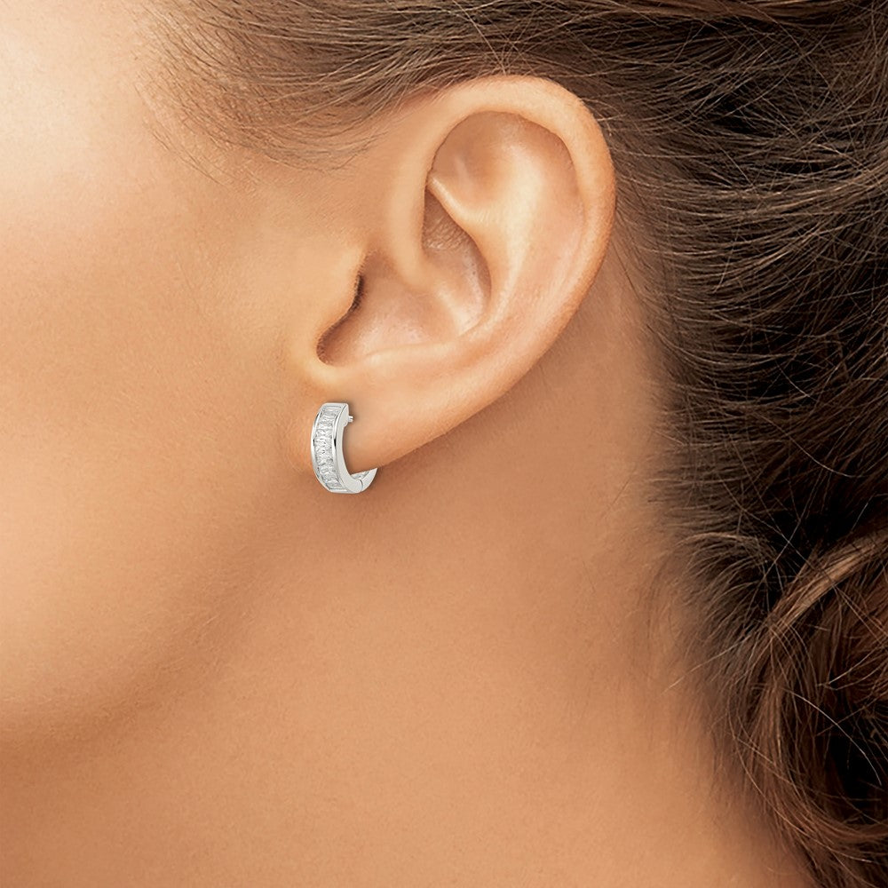 Sterling Silver Polished Baguette CZ Hinged Hoop Earrings