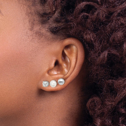 Sterling Silver Rhodium-plated 6-7mm White Button Freshwater Cultured Pearl, CZ and Stud Earrings Set