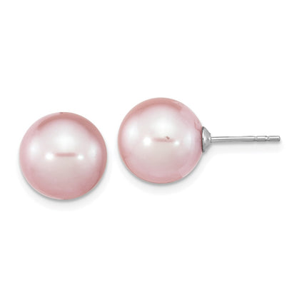 Sterling Silver Rhodium-plated 10-11mm Purple Round Freshwater Cultured Pearl Post Earrings