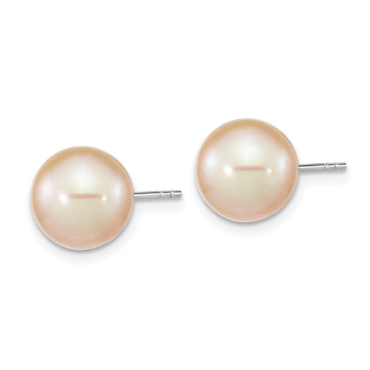 Sterling Silver Rhodium-plated 9-10mm Pink Round Freshwater Cultured Pearl Post Earrings