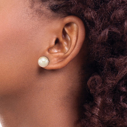 Sterling Silver Rhodium-plated 9-10mm Pink Round Freshwater Cultured Pearl Post Earrings