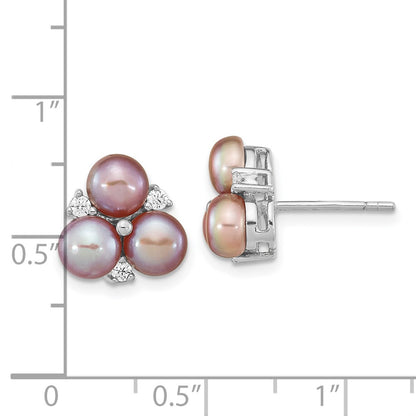 Sterling Silver Rhodium-plated 5-6mm Purple Button Freshwater Cultured Pearl Post Earrings