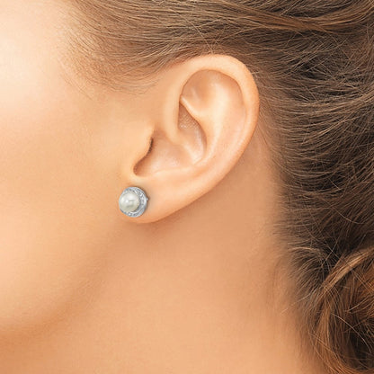 Sterling Silver Rhodium-plated 6-7mm White Button Freshwater Cultured Pearl and CZ Post Earrings
