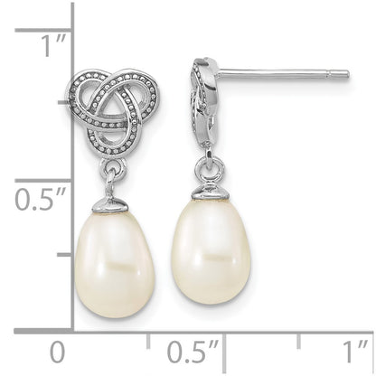 Sterling Silver Rhodium-plated 6-7mm White Rice Freshwater Cultured Pearl Knot Post Dangle Earrings