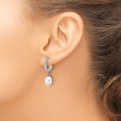 Sterling Silver Rhodium-plated 7-8mm White Rice Freshwater Cultured Pearl and CZ Hoop Dangle Earring