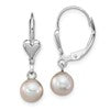 Sterling Silver Rhodium-plated 6-7mm Grey Round Freshwater Cultured Pearl Heart Leverback Dangle Earrings