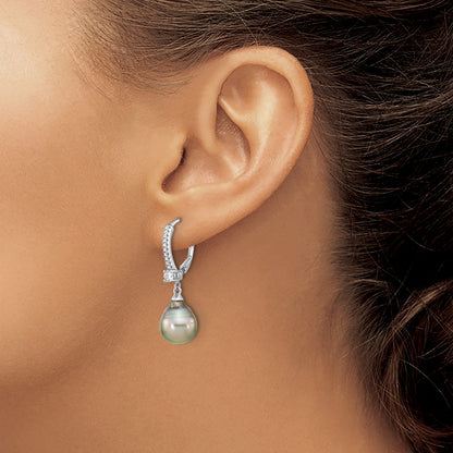 Sterling Silver Rhodium-plated 9-10mm Black Teardrop Tahitian Saltwater Cultured Pearl and CZ Dangle Leverback Earrings