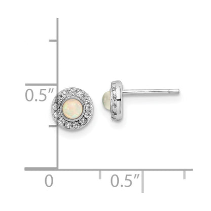 Sterling Silver Rhod-plated Polished Created Opal & CZ Halo Post Earrings