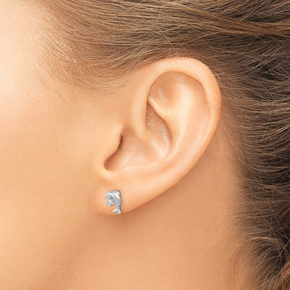 Sterling Silver Rhodium-plated CZ Dolphin Post Earrings