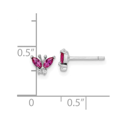 Sterling Silver Rhodium-plated Red & White CZ Butterfly Post Earrings