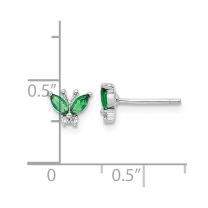 Sterling Silver Rhodium-plated Green & White CZ Butterfly Post Earrings