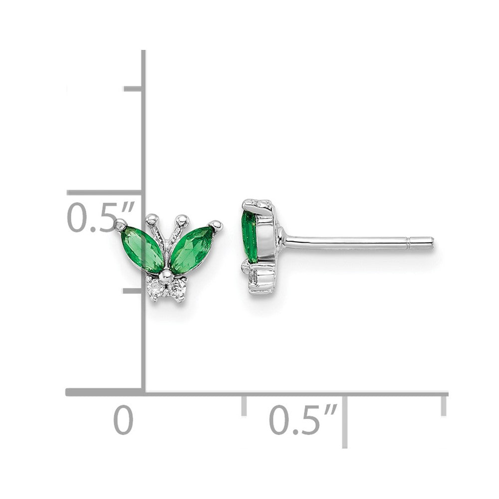Sterling Silver Rhodium-plated Green & White CZ Butterfly Post Earrings