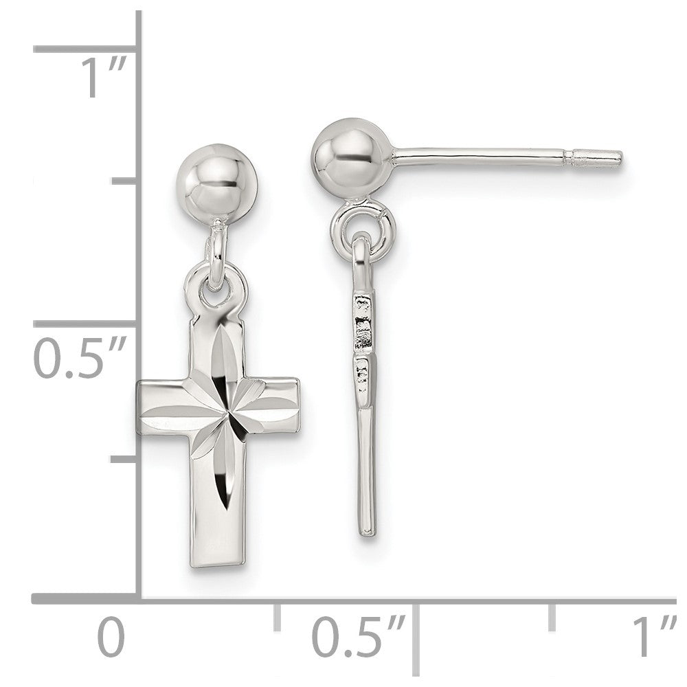 Sterling Silver Polished and D/C Latin Cross Post Dangle Earrings