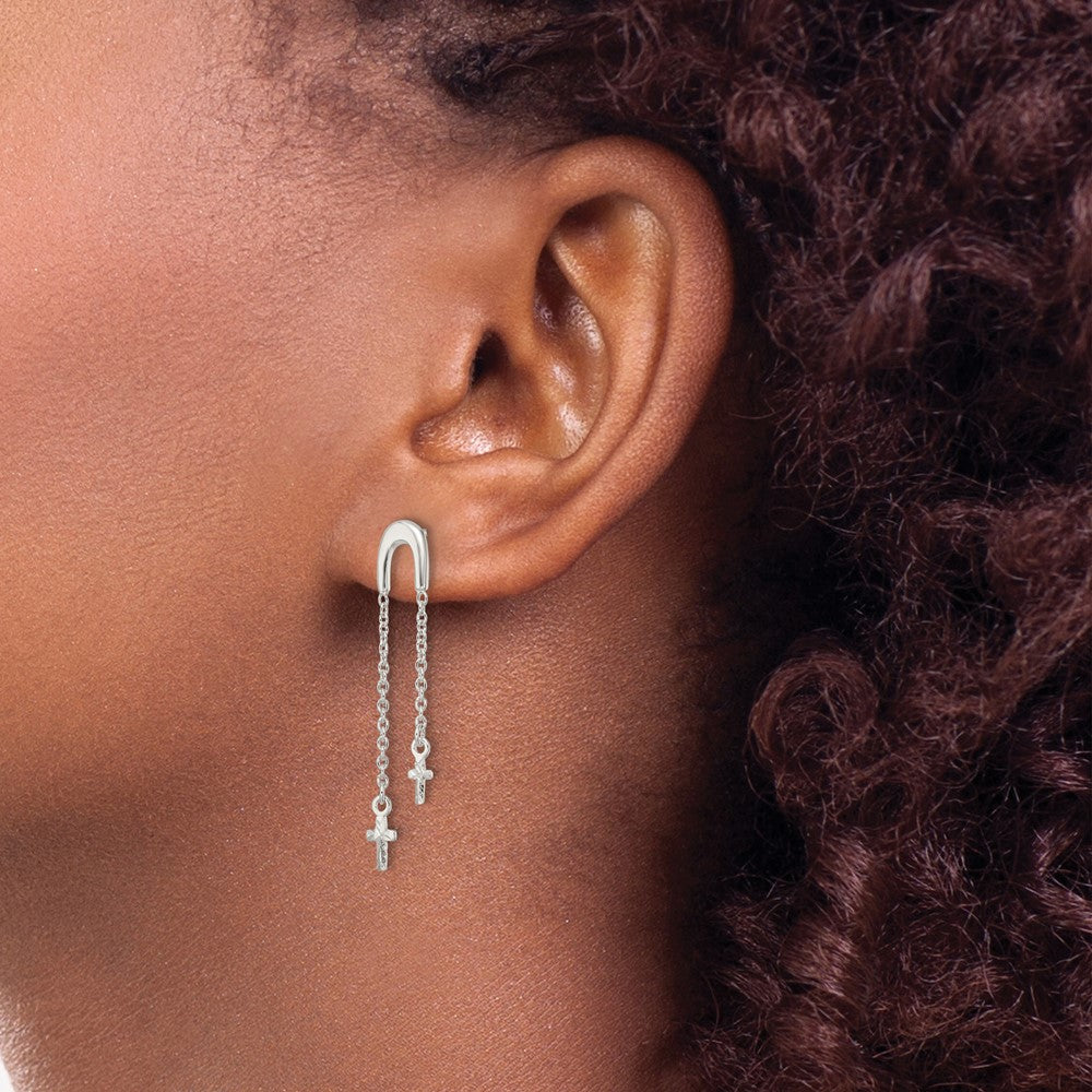 Sterling Silver Polished & D/C Cross Multi-Chain Post Dangle Earrings