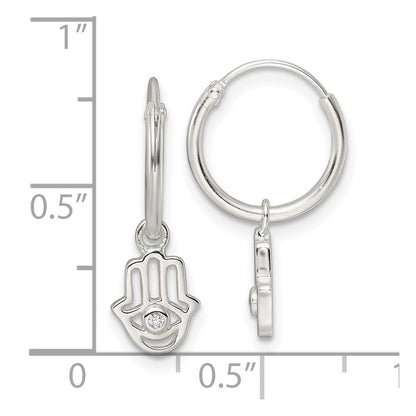 Sterling Silver Polished CZ Hamsa Dangle Endless Round Hoop Earrings