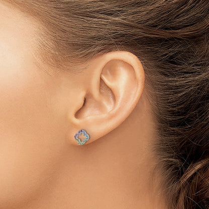 Sterling Silver Rhodium-plated Rainbow Crystal Clover Post Earrings