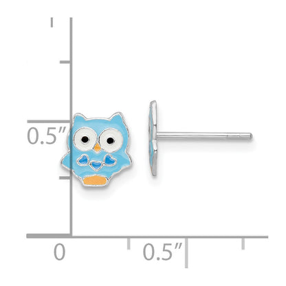 Sterling Silver Rhodium-plated Polished Multi-color Enameled Blue Owl Children's Post Earrings