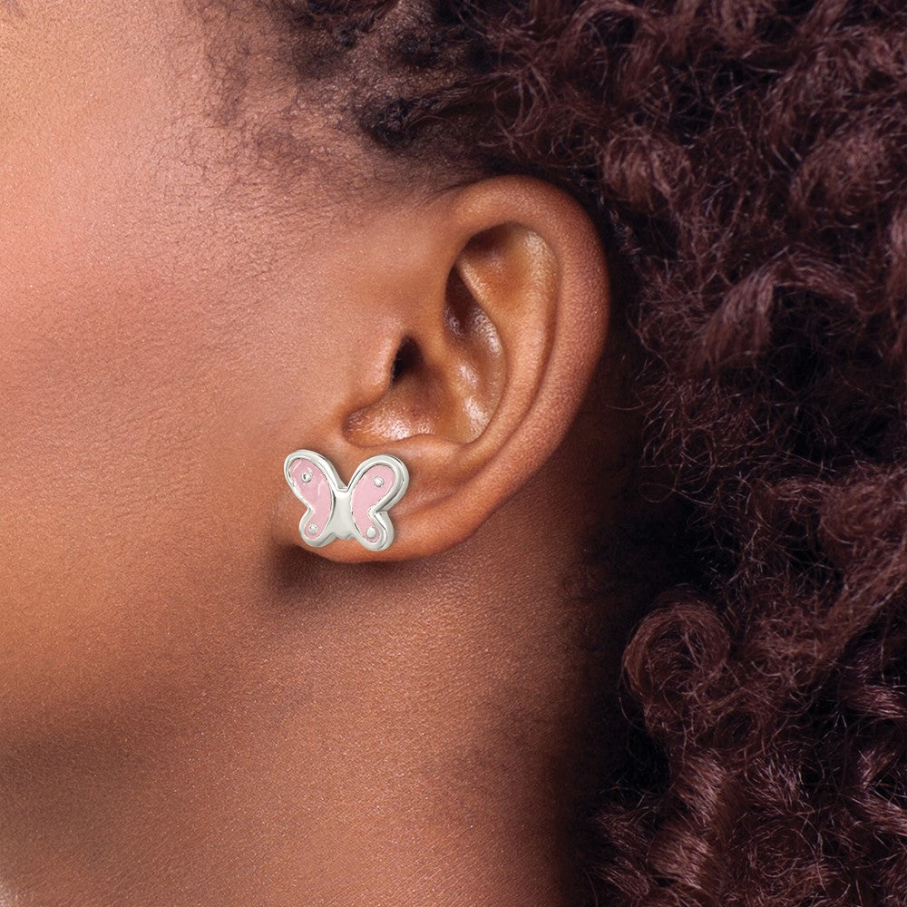 Sterling Silver RH-pltd Polish Pink Enamel Butterfly Childs Post Earrings
